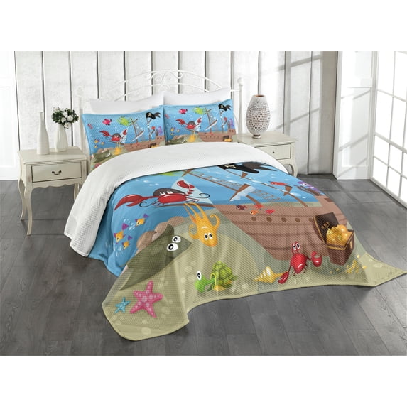 Ambesonne Pirate Quilted Bedspread Set 3 Pcs, Ship Underwater Animals, King Size, Multicolor