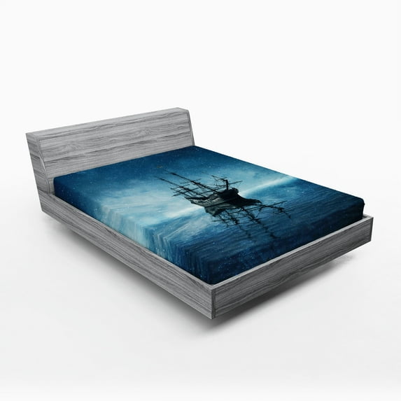 Ambesonne Pirate Ship Fitted Sheet 2 Pcs Set, Night Sky Ocean, King, Pale Blue Dark Blue