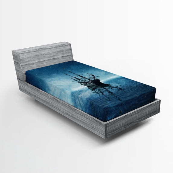 Ambesonne Pirate Ship Fitted Sheet 2 Pcs Set, Night Sky Ocean, Twin, Pale Blue Dark Blue