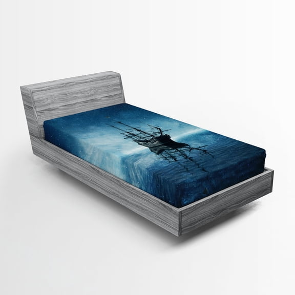 Ambesonne Pirate Ship Fitted Sheet, Night Sky Ocean, Twin Size, Pale Blue Dark Blue