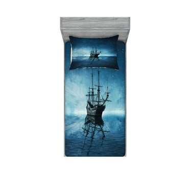 Ambesonne Pirate Ship Fitted Sheet & Pillow Sham Set, Night Sky Ocean, Twin, Pale Blue Dark Blue