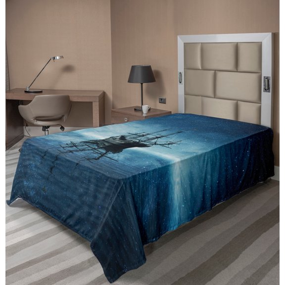 Ambesonne Pirate Ship Flat Sheet, Night Sky Ocean, TwinXL Size, Pale Blue Dark Blue