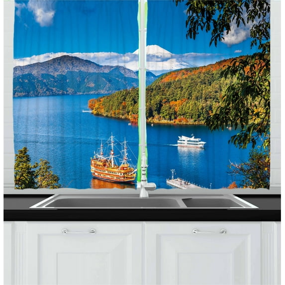 Ambesonne Pirate Ship Kitchen Curtains, Lake Ashi in Japan, 55"x39", Green Blue Orange