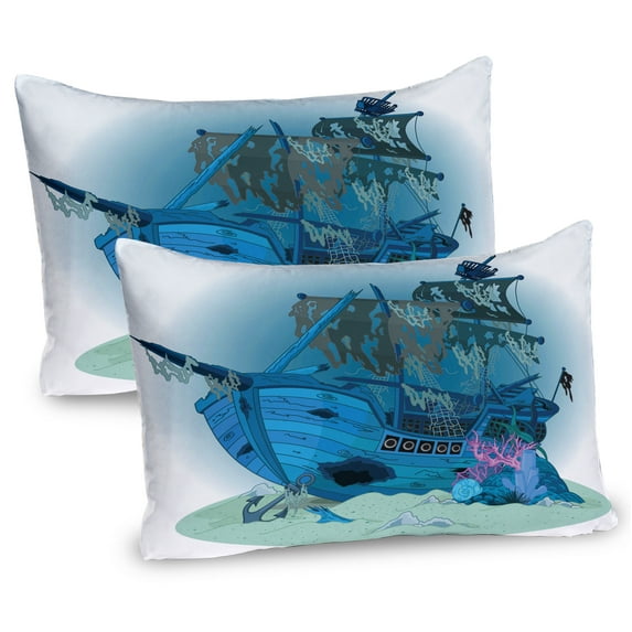 Ambesonne Pirate Ship Pillow Sham 2 Pack, Underwater Antique, 26"x20", Blue Almond Green Pink
