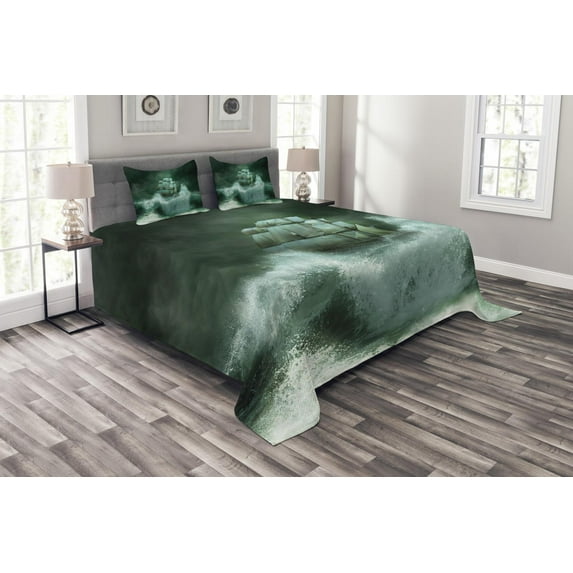 Ambesonne Pirate Ship Quilted Bedspread Set 3 Pcs, Thunderstorm Art, Queen Size, Jade Green Dark Green