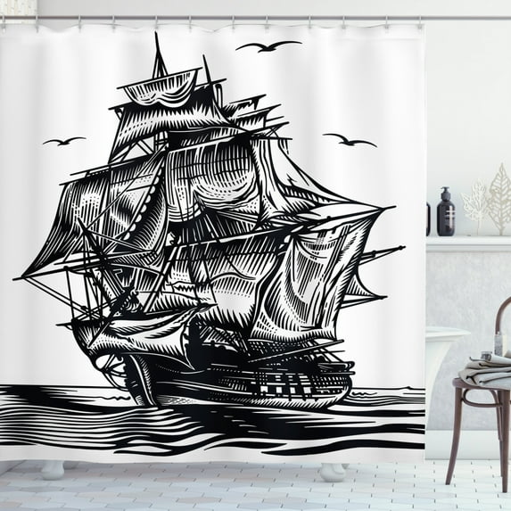 Ambesonne Pirate Ship Shower Curtain, Nautical Line Art, 69"Wx75"L, Black White