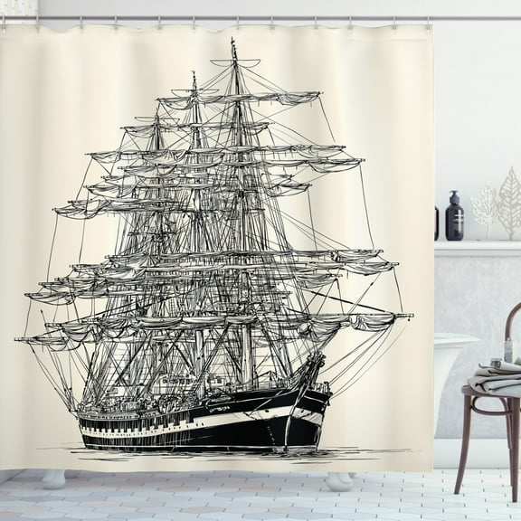 Ambesonne Pirate Ship Shower Curtain, Sail Boat Vintage, 69"Wx75"L, Cream Black