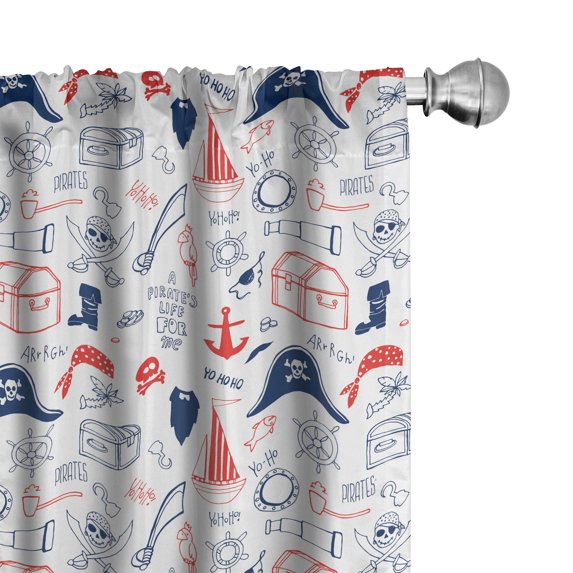 Ambesonne Pirates Window Curtains, Hand Drawn Sailor Theme, Each 28" W x 95" L, Scarlet Navy Blue White
