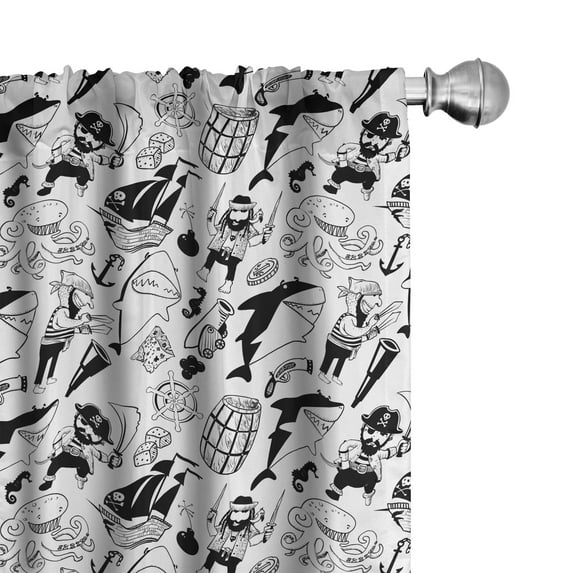 Ambesonne Pirates Curtains, Buccaneers Sharks Sea, Pair of 28"x63", Black White