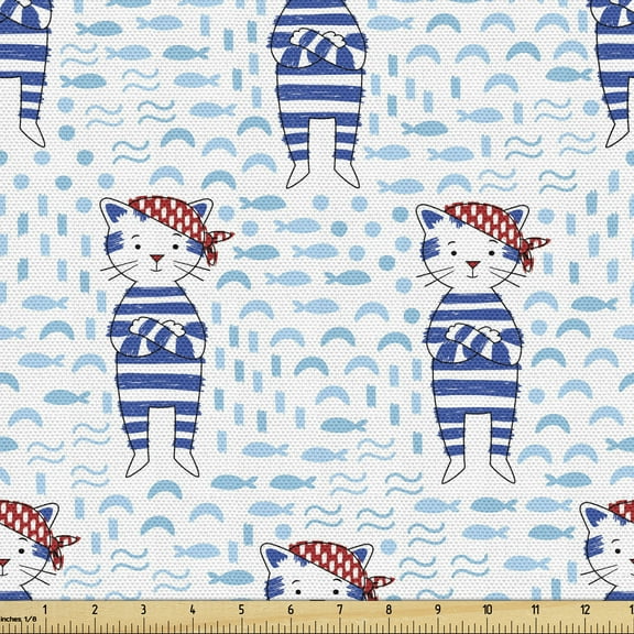 Ambesonne Pirates Fabric by the Yard Upholstery, Cat in Blue Sailor Suit, 3 Yards, Blue White Red