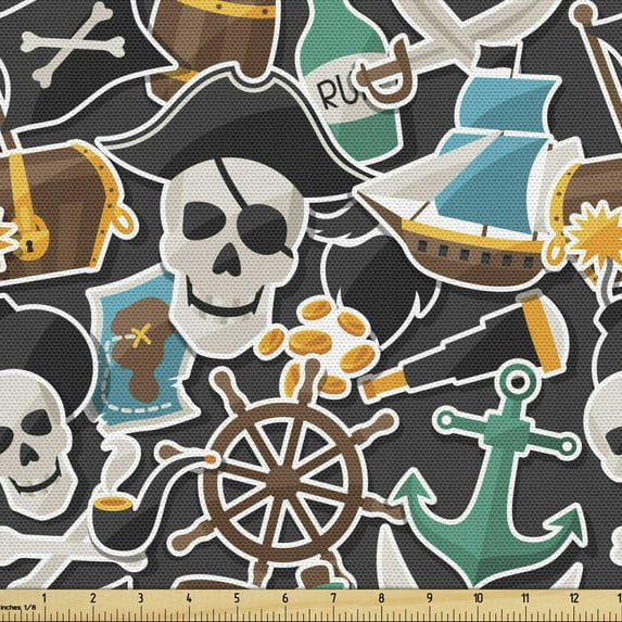 Ambesonne Pirates Fabric by the Yard Upholstery, Colorful Objects Marine, 1 Yard, Multicolor