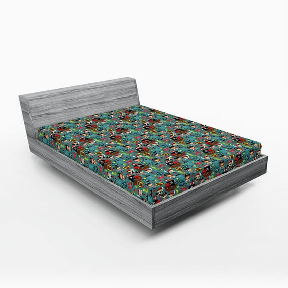 Ambesonne Pirates Fitted Sheet 2 Pcs Set, Retro Adventure, King, Multicolor