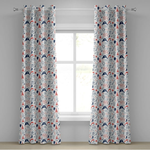 Ambesonne Pirates Grommet Curtain, Hand Drawn Sailor Theme, 50" x 84", Scarlet Navy Blue White