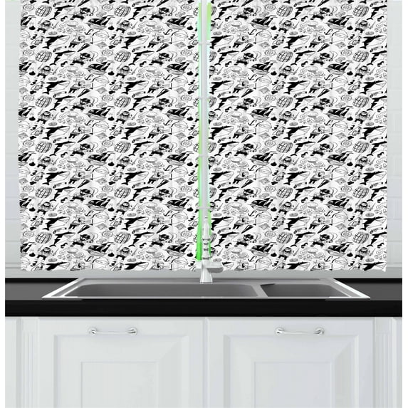 Ambesonne Pirates Kitchen Curtains, Buccaneers Sharks Sea, 55"x39", Black White