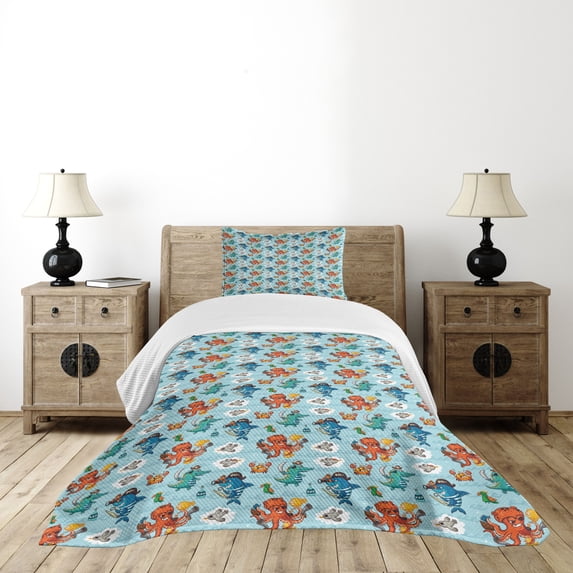 Ambesonne Pirates Quilted Bedspread Set 2 Pcs, Cartoon Piracy Elements, Twin Size, Multicolor