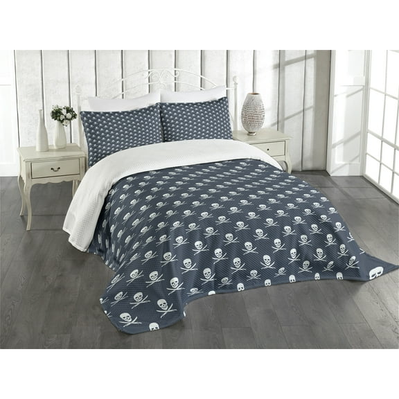 Ambesonne Pirates Quilted Bedspread Set 3 Pcs, Jolly Roger Pattern, Queen Size, Dark Blue White
