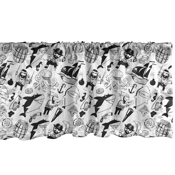 Ambesonne Pirates Window Valance, Buccaneers Sharks Sea, 54" X 18", Black White