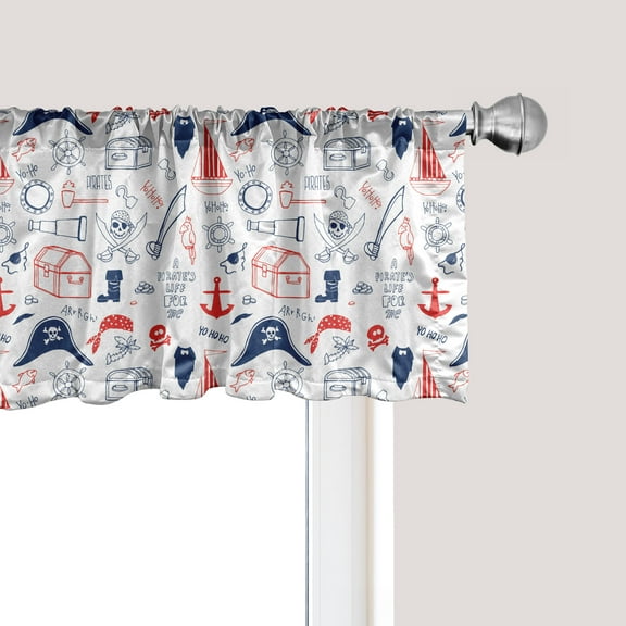 Ambesonne Pirates Window Valance, Hand Drawn Sailor Theme, 54" X 12", Scarlet Navy Blue White