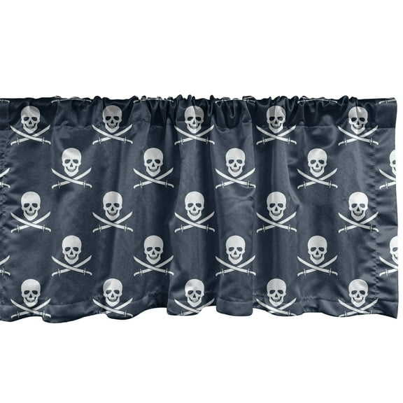 Ambesonne Pirates Window Valance, Jolly Roger Pattern, 54" X 18", Dark Blue White