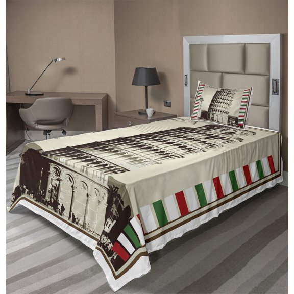 Ambesonne Pisa Fitted & Top Sheet Set with Sham, Vintage Famous Italian Tower, Multicolor