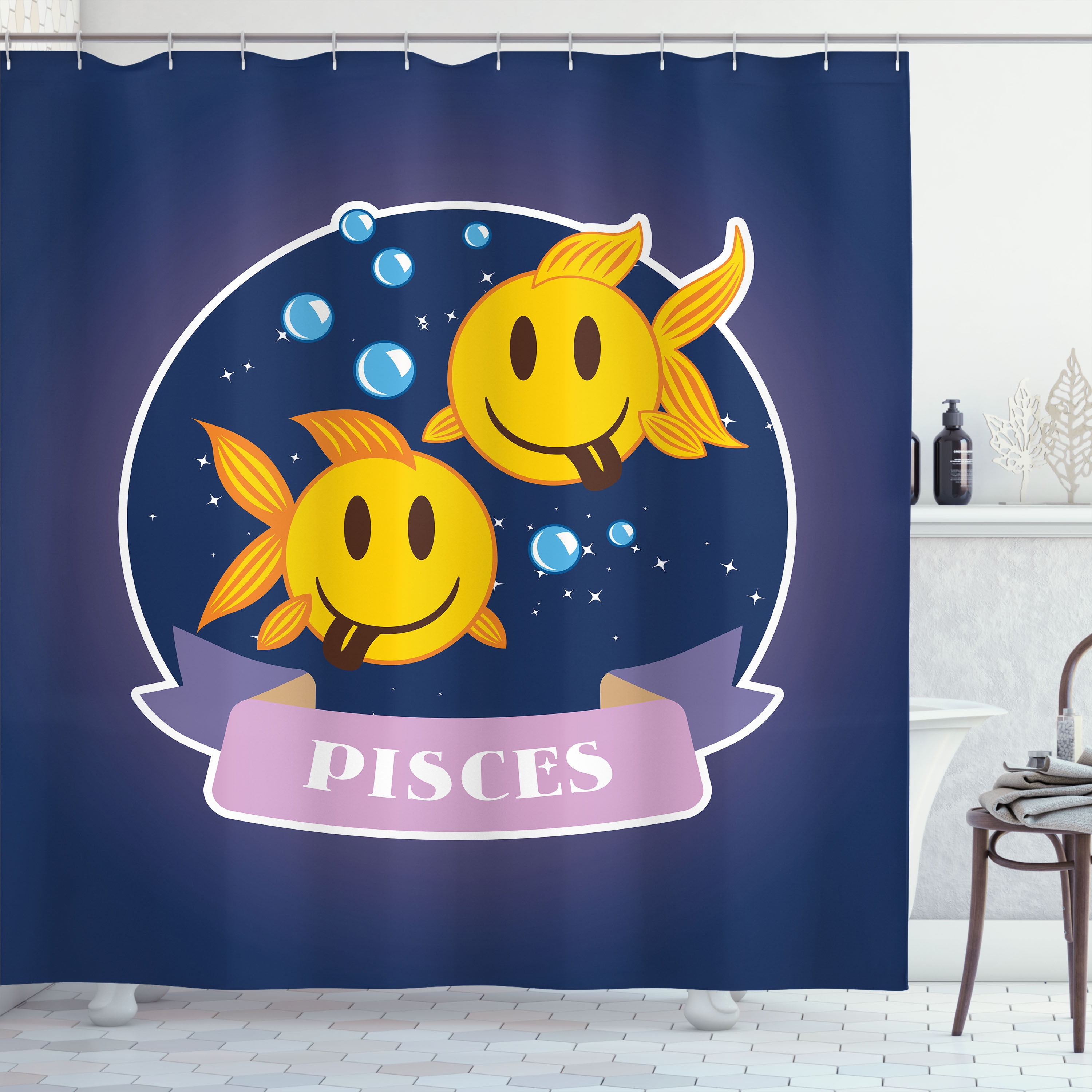 Ambesonne Pisces Emoji Shower Curtain, Funny Face Fish Print, 69