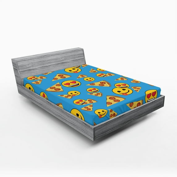 Ambesonne Pizza Emoji Fitted Sheet, Funny Classic Faces, California King, Sky Blue and Mustard