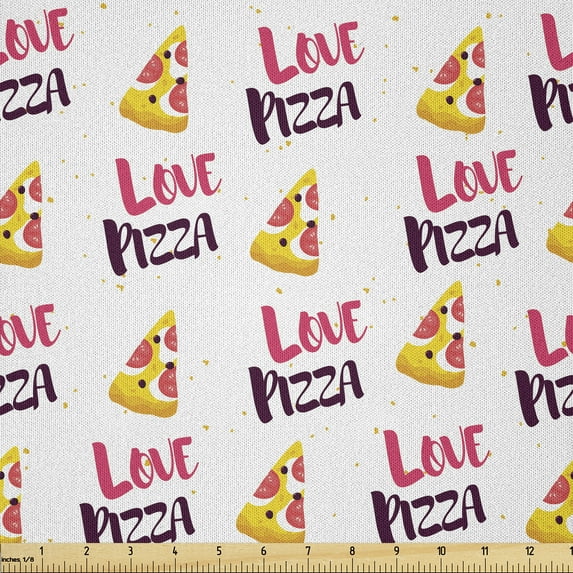 Ambesonne Pizza Fabric by the Yard Microfiber, Food Love Cartoon Art Slices, 5 Yards, Hot Pink Plum and Mustard