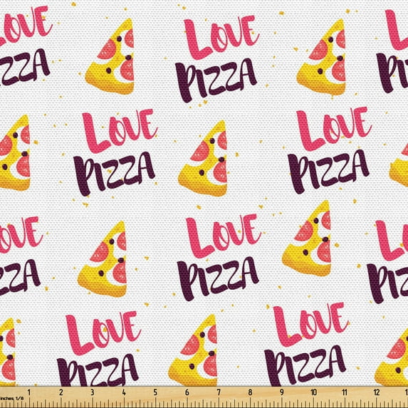 Ambesonne Pizza Fabric by the Yard Upholstery, Food Love Cartoon Art Slices, 5 Yards, Hot Pink Plum and Mustard