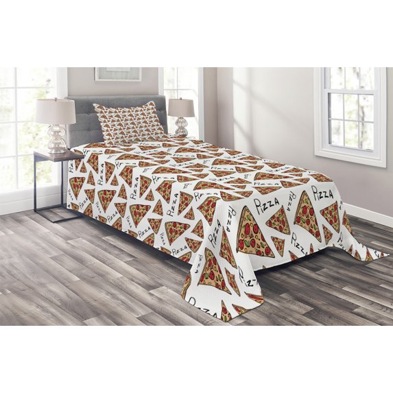 Ambesonne Pizza Quilted Coverlet 2 Pcs, Doodle Art Style Slices, Twin Size, Multicolor