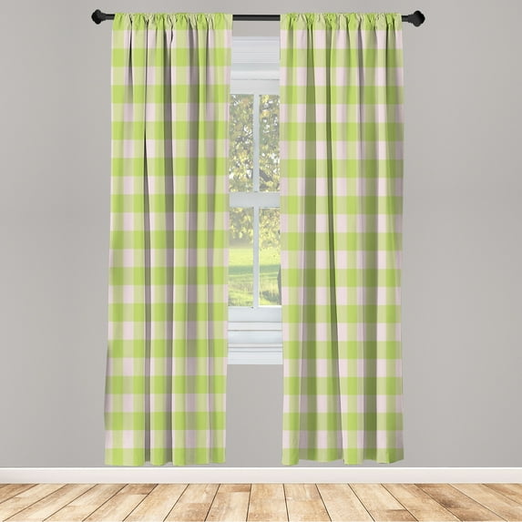 Ambesonne Plaid Curtains, Lumberjack Buffalo Check Grid, Pair of 28"x84", Coconut and Lime Green
