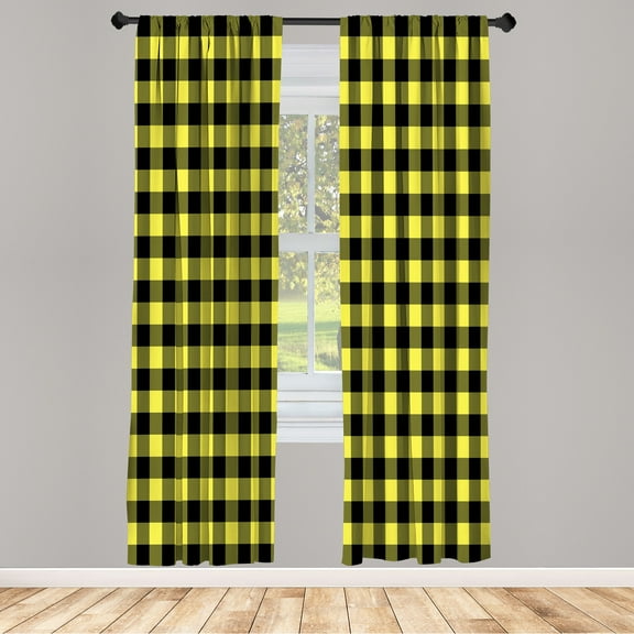 Ambesonne Plaid Curtains, Lumberjack Buffalo Checks Art, Pair of 28"x84", Black and Yellow