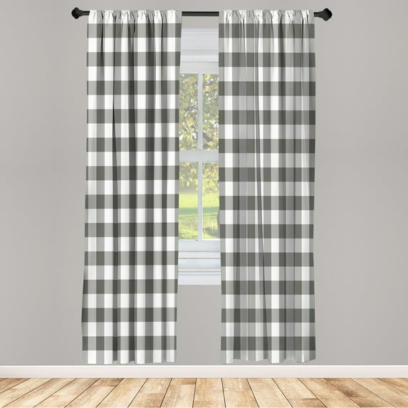 Ambesonne Plaid Curtains, Lumberjack Buffalo Checks Art, Pair of 28"x84", Grey and White
