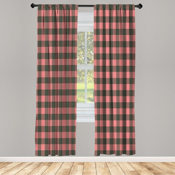 Ambesonne Plaid Curtains, Lumberjack Buffalo Checks Art, Pair of 28"x95", Charcoal Grey and Pastel Pink