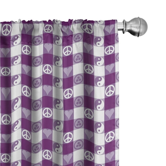 Ambesonne Plaid Curtains, Yin Yang Hearts Peace, Pair of 28"x95", Magenta Lavender White