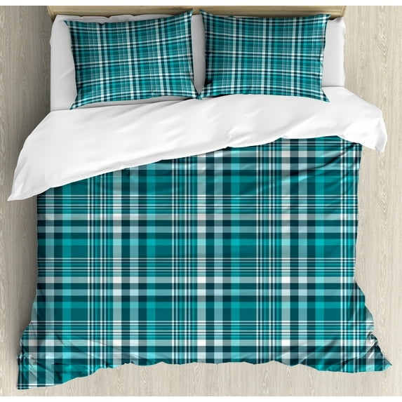Ambesonne Plaid Duvet Cover Set, Classic Crossing Line Squares, 2-Calking, Sea Blue Teal