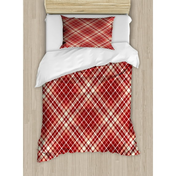 Ambesonne Plaid Duvet Cover Sets, Tartan Checkered Warm Tones, 2-Twin, Ruby Peach Cream