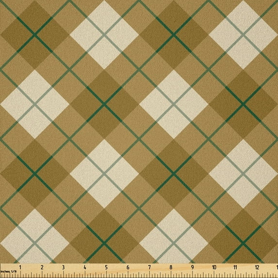 Ambesonne Plaid Fabric by the Yard Microfiber, Brown Diagonal Retro, 2 Yards, Pale Brown Green Beige