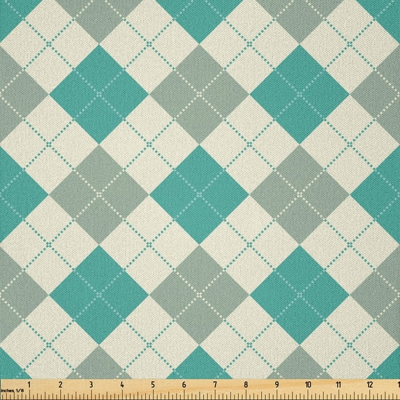 Ambesonne Plaid Fabric by the Yard Microfiber, Classic Squares Dotted Lines, 10 Yards, Dark Seafoam and Ivory