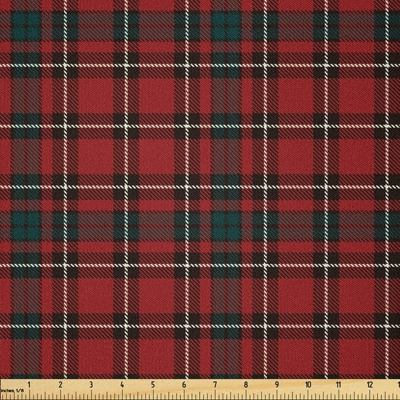 Ambesonne Plaid Fabric by the Yard Microfiber, Classic Tartan Squares Lines, 10 Yards, Ruby and Dark Petrol Blue
