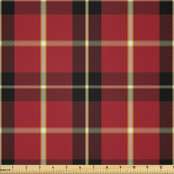 Ambesonne Plaid Fabric by the Yard Microfiber, Modern Checkered Square Motif, 5 Yards, Raspberry and Charcoal Grey