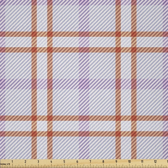 Ambesonne Plaid Fabric by the Yard Microfiber, Soft Stripes in Check Pattern, 3 Yards, Lavender and Burnt Sienna