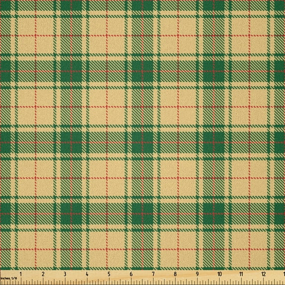 Ambesonne Plaid Fabric by the Yard Microfiber, Vintage British Tartan Check, 10 Yards, Ecru Forest Green