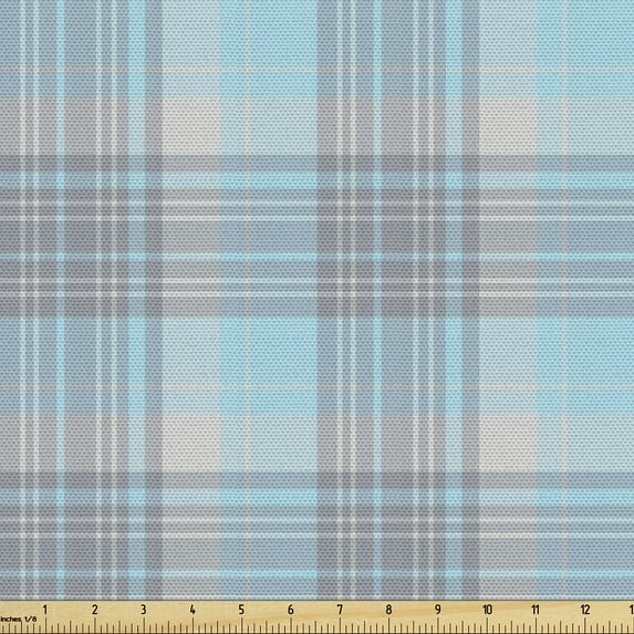 Ambesonne Plaid Fabric by the Yard Upholstery, Abstract Stripes Tartan Art, 2 Yards, Pale Cadet Blue and Eggshell