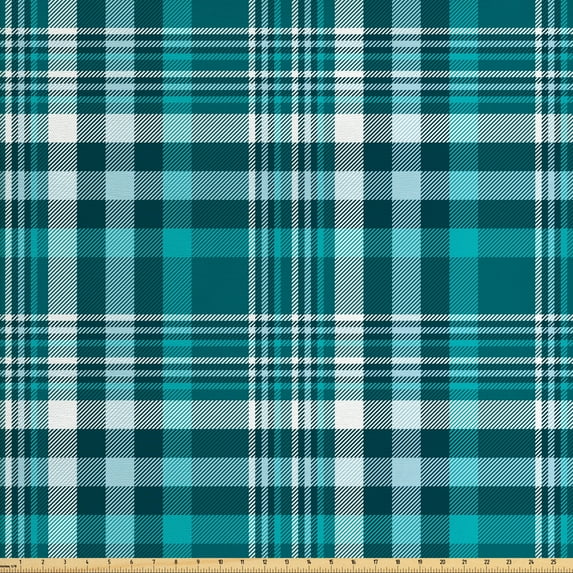Ambesonne Plaid Fabric by the Yard Upholstery, Classic Crossing Line Squares, 5 Yards, Sea Blue Teal