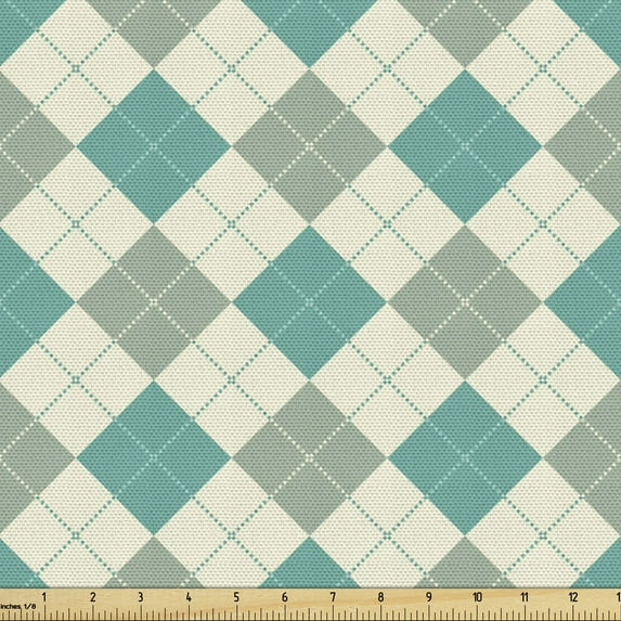 Ambesonne Plaid Fabric by the Yard Upholstery, Classic Squares Dotted Lines, 3 Yards, Dark Seafoam and Ivory