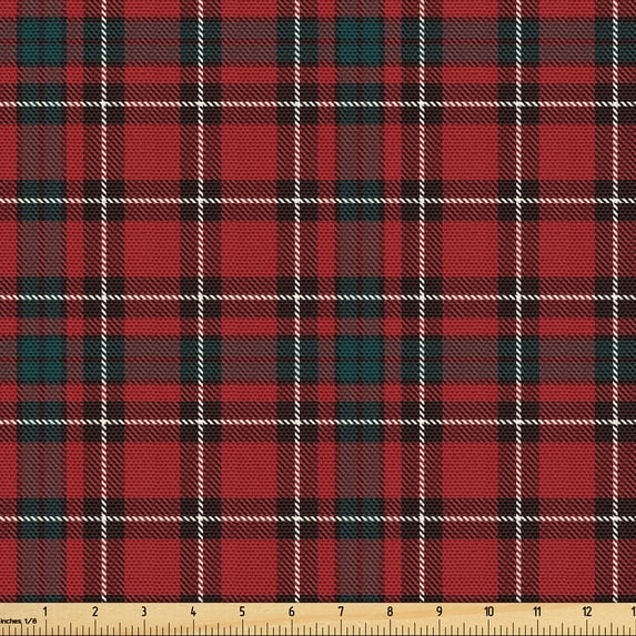 Ambesonne Plaid Fabric by the Yard Upholstery, Classic Tartan Squares Lines, 1 Yard, Ruby and Dark Petrol Blue