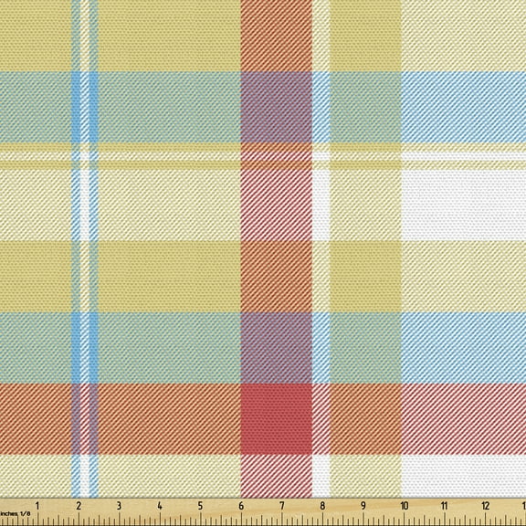 Ambesonne Plaid Fabric by the Yard Upholstery, Colorful Shapes with Lines, 1 Yard, Multicolor