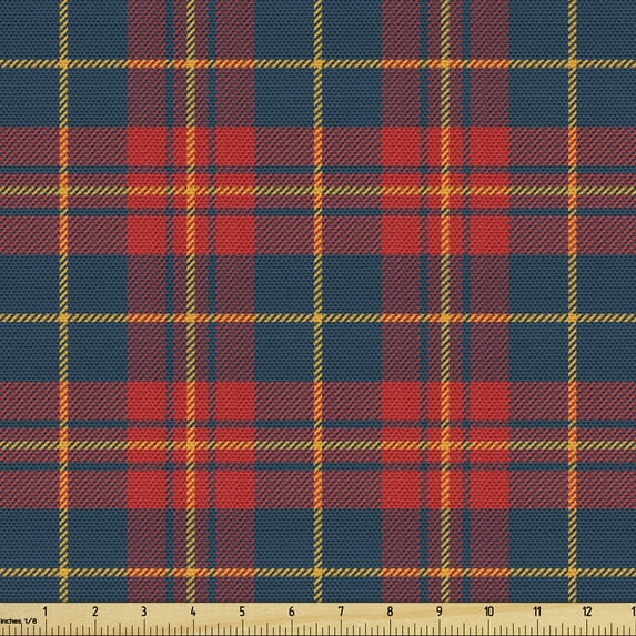 Ambesonne Plaid Fabric by the Yard Upholstery, Continuing Classic Checkered, 1 Yard, Night Blue and Dark Coral