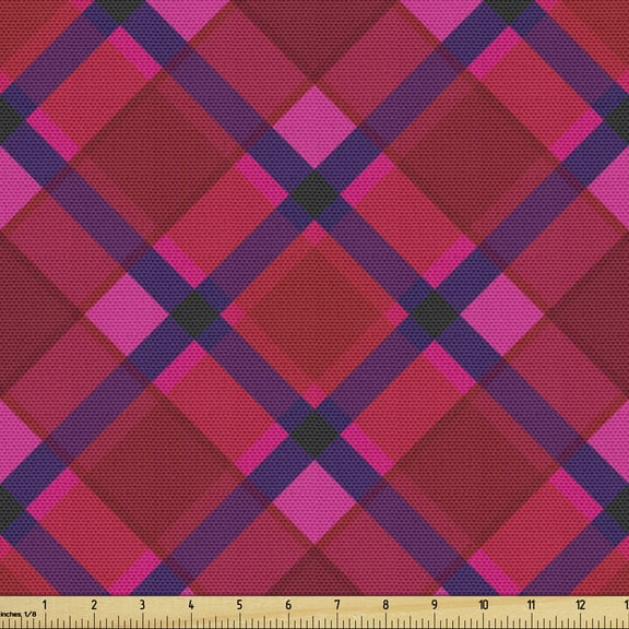 Ambesonne Plaid Fabric by the Yard Upholstery, Diagonal Checkered Retro Art, 1 Yard, Green Magenta Quartz