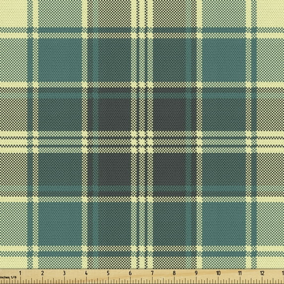 Ambesonne Plaid Fabric by the Yard Upholstery, Stripes in Tartan Pattern, 10 Yards, Yellow Jade Green Grey